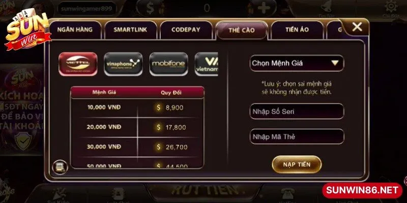 Nạp tiền Sunwin bằng thẻ cào điện thoại tiện lợi, nhanh chóng